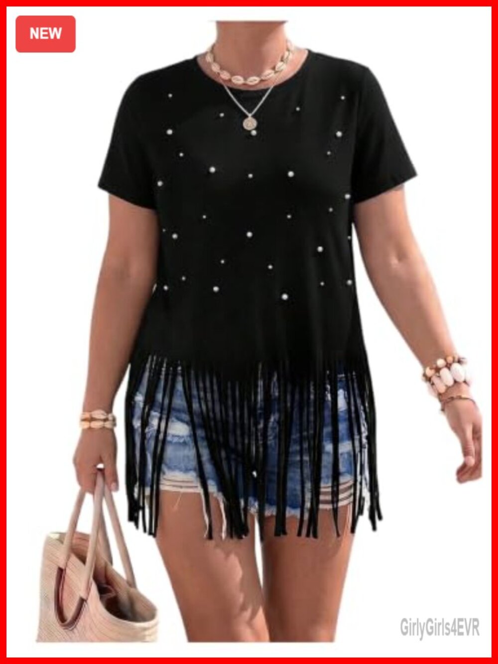 Plus Size Pearl Beaded Fringe Top Short Sleeve Crewneck Tee